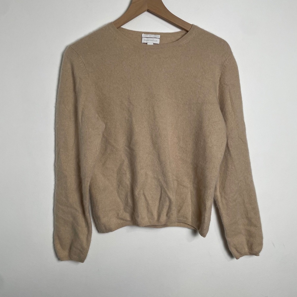 Charter Club Cashmere Sweater Womens XL Tan 2 Ply Crewneck Quiet Luxury Preppy